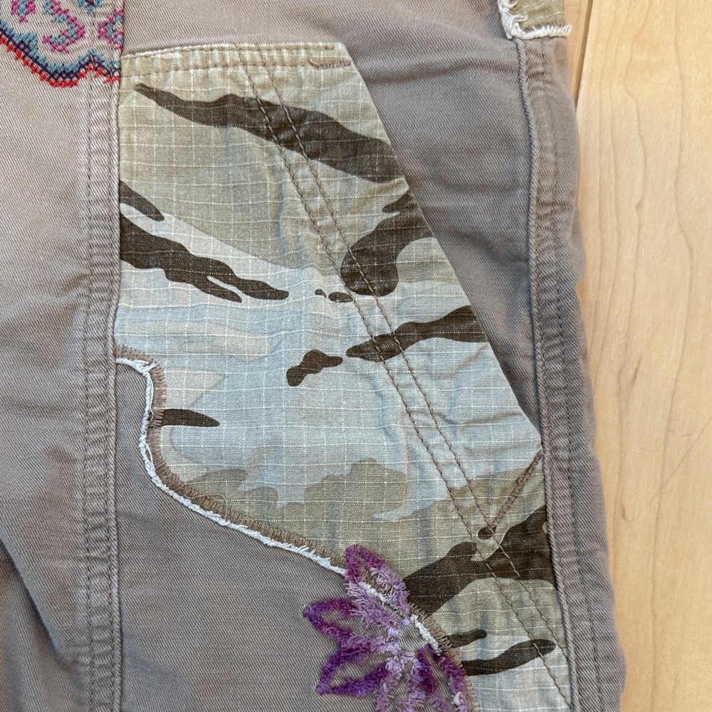 Anthropologie Taupe Cargo Pants with Camo & Purple Embroidery - Picture 4 of 5